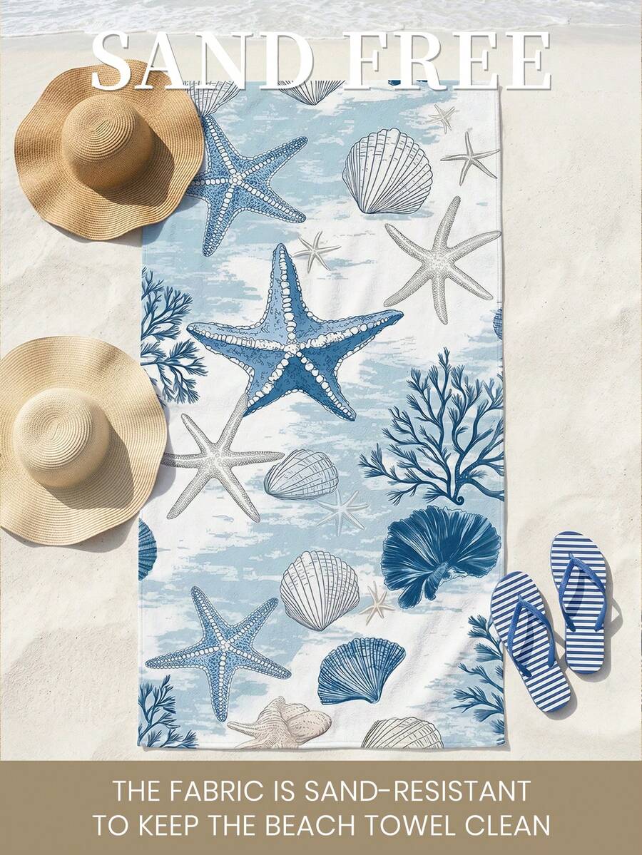 Blue Shell Print Beach Towel, Swimming Towel