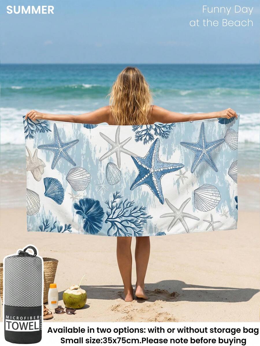 Blue Shell Print Beach Towel, Swimming Towel