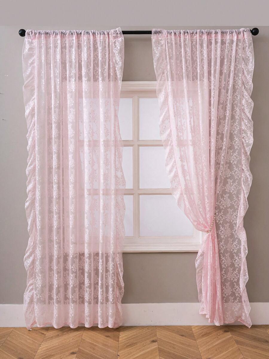 French Countryside Floral Lace Trim Curtain Sheer For Living Room