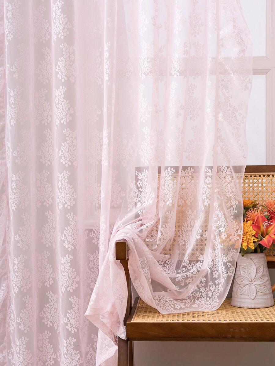 French Countryside Floral Lace Trim Curtain Sheer For Living Room