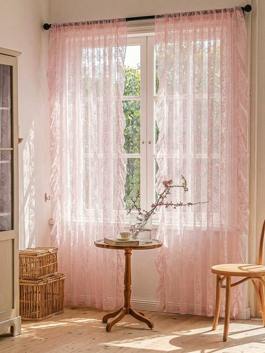 French Countryside Floral Lace Trim Curtain Sheer For Living Room