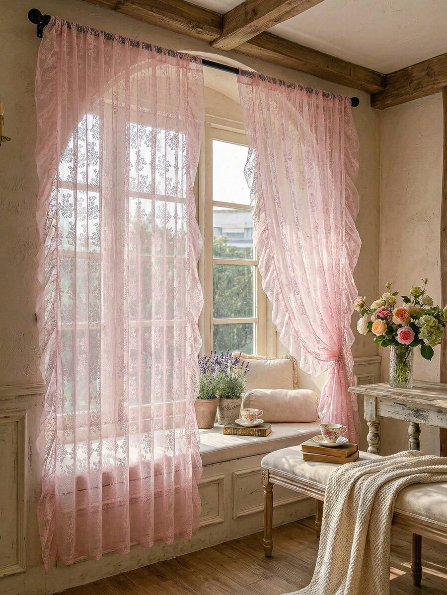 French Countryside Floral Lace Trim Curtain Sheer For Living Room