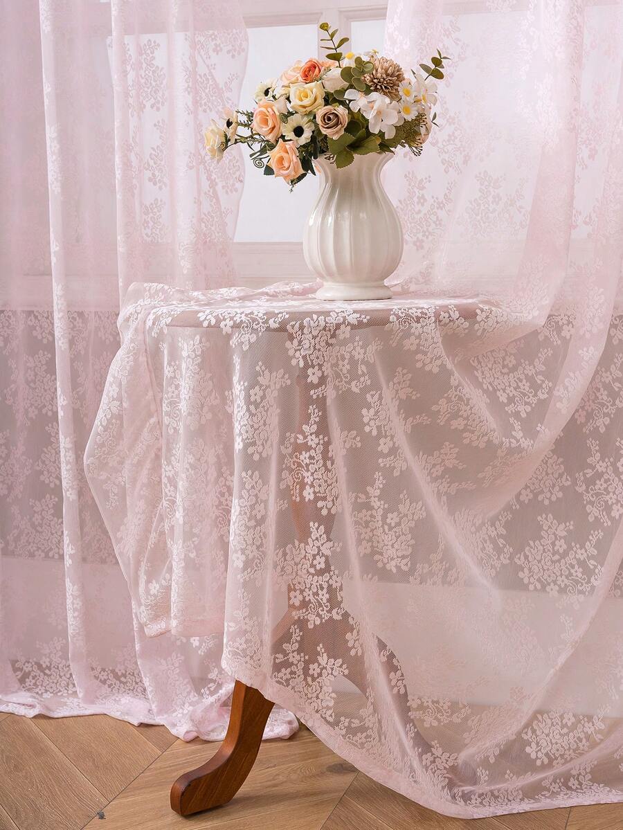 French Countryside Floral Lace Trim Curtain Sheer For Living Room