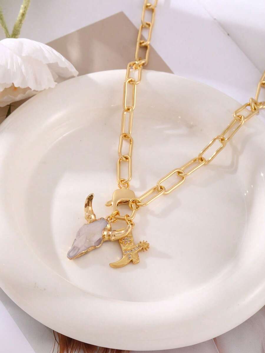 Unique Western Style Gold Copper Bead Horse Hoof Alloy Skull Bull Head Necklace