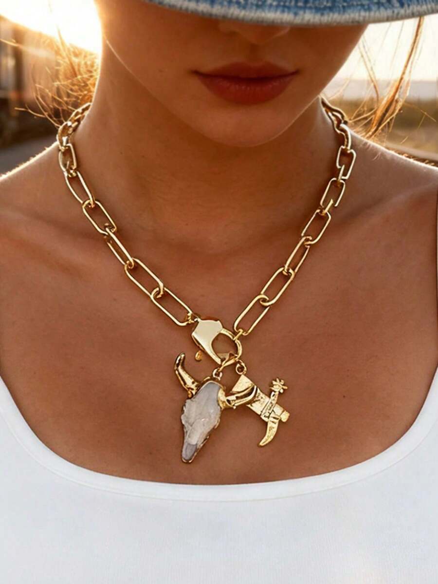Unique Western Style Gold Copper Bead Horse Hoof Alloy Skull Bull Head Necklace