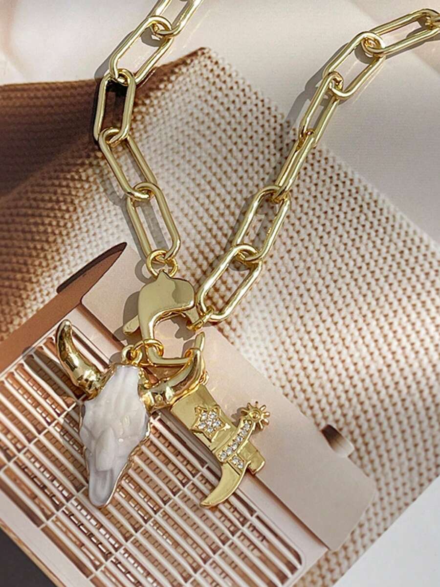 Unique Western Style Gold Copper Bead Horse Hoof Alloy Skull Bull Head Necklace