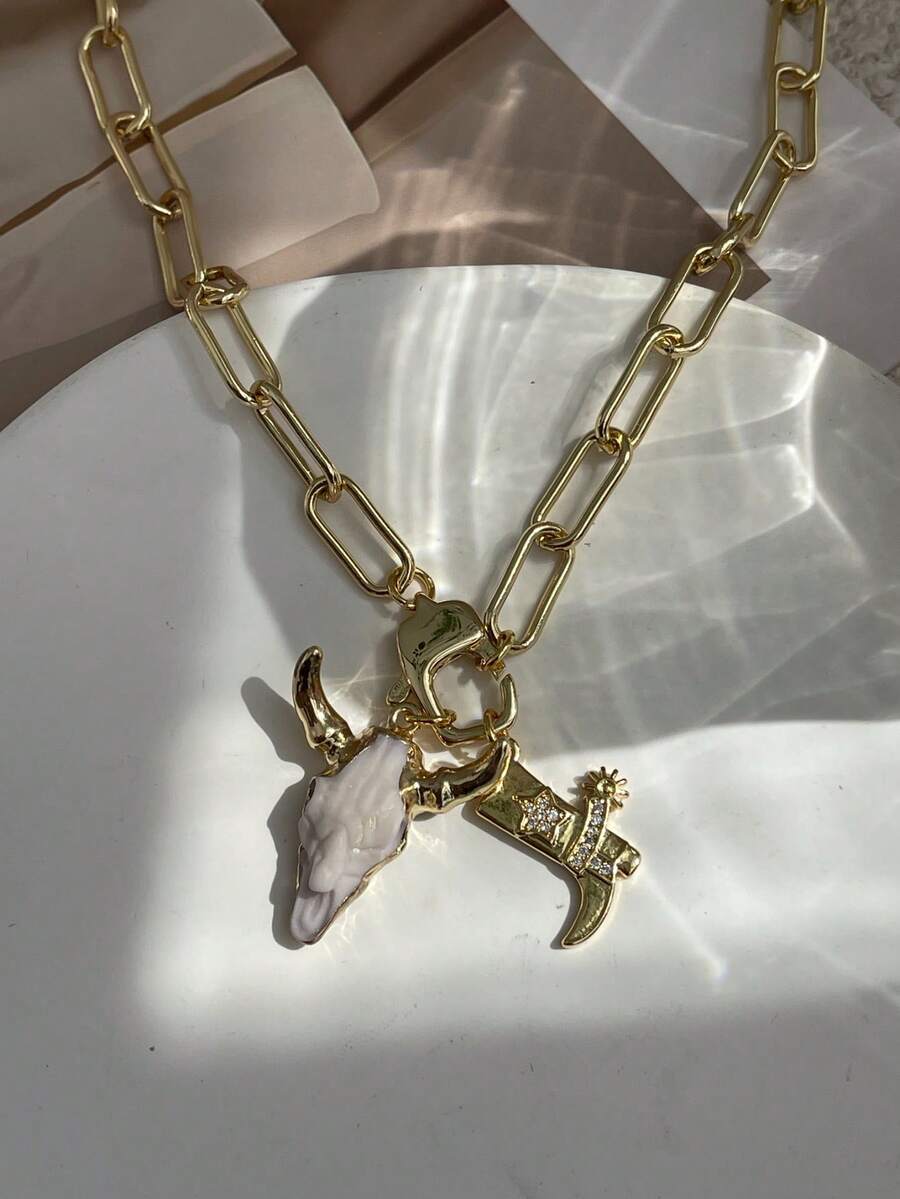 Unique Western Style Gold Copper Bead Horse Hoof Alloy Skull Bull Head Necklace