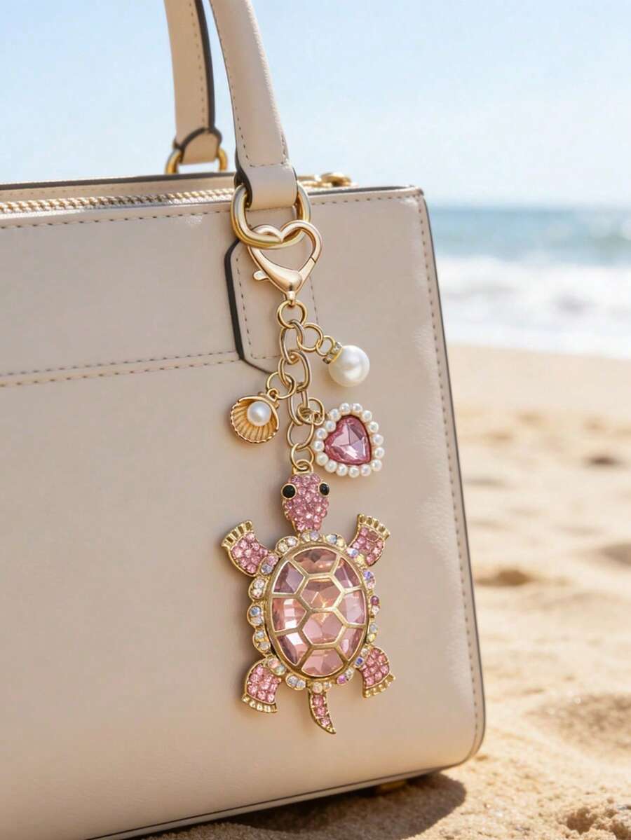 Zinc Alloy Turtle Pendant Keychain With Pearl