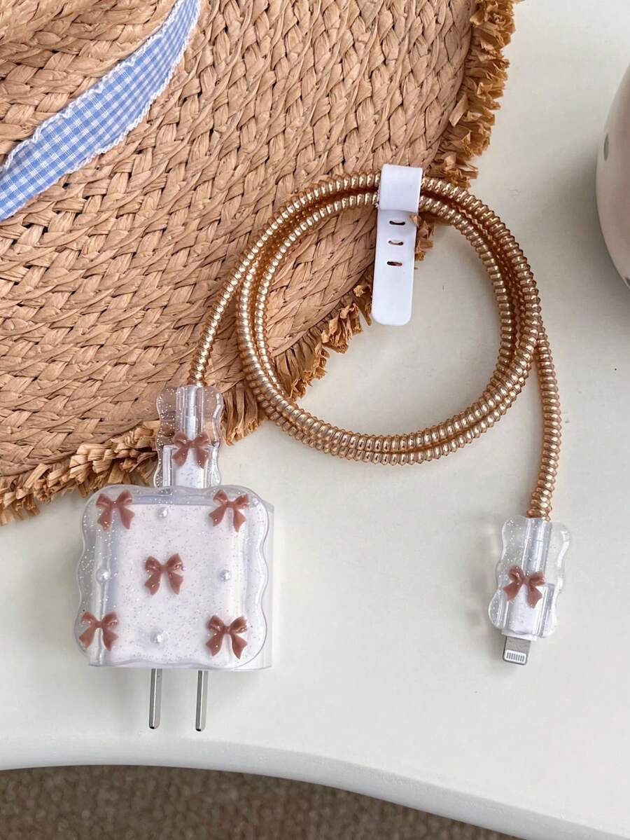 Purple Bow & White Pearl Design Charging Accessory Set
