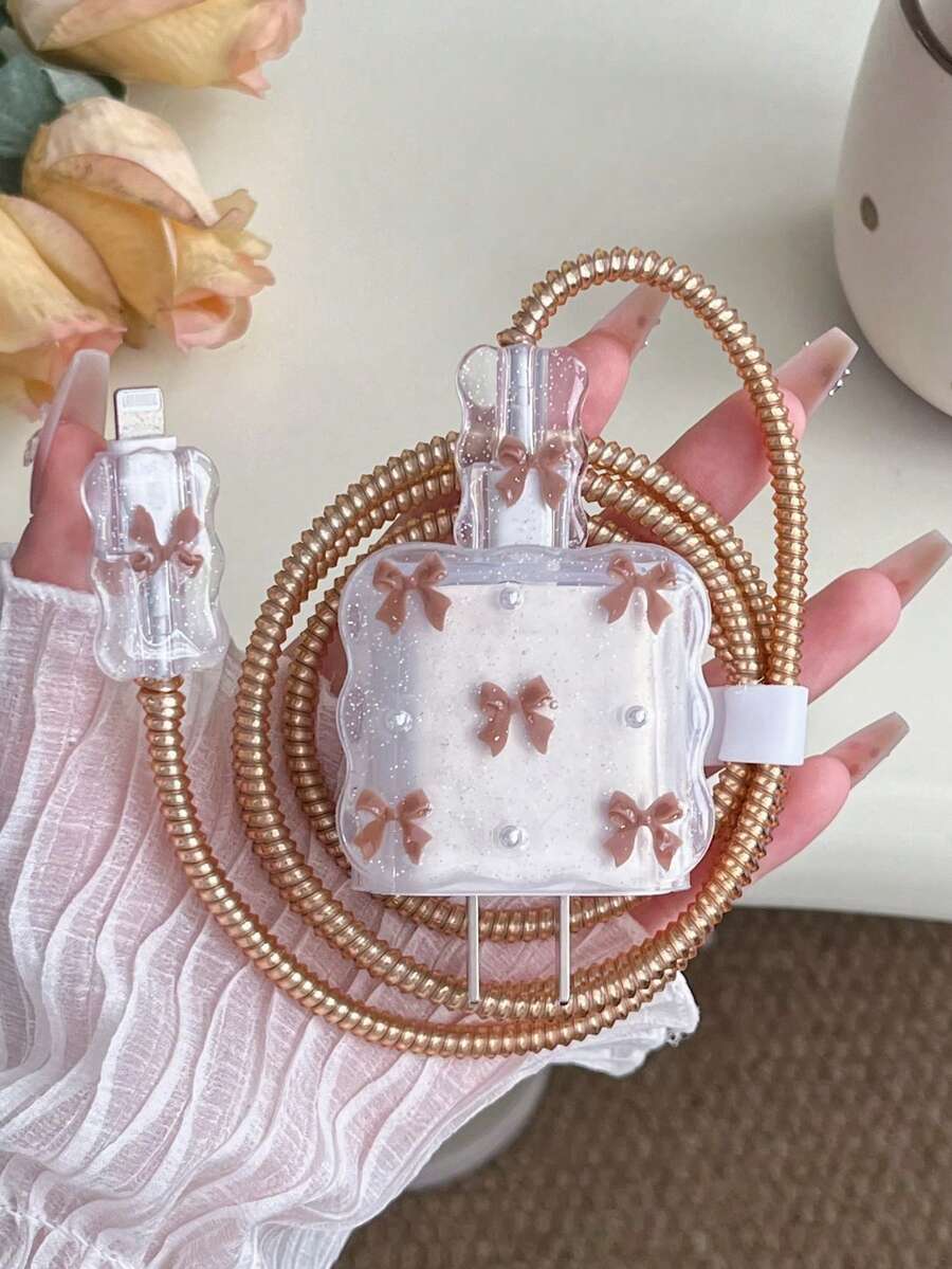 Purple Bow & White Pearl Design Charging Accessory Set