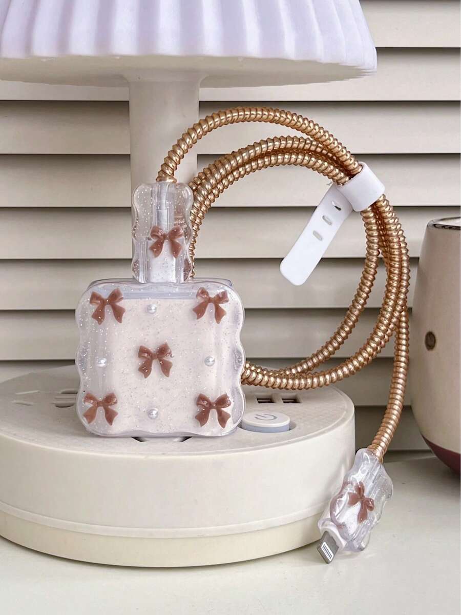 Purple Bow & White Pearl Design Charging Accessory Set