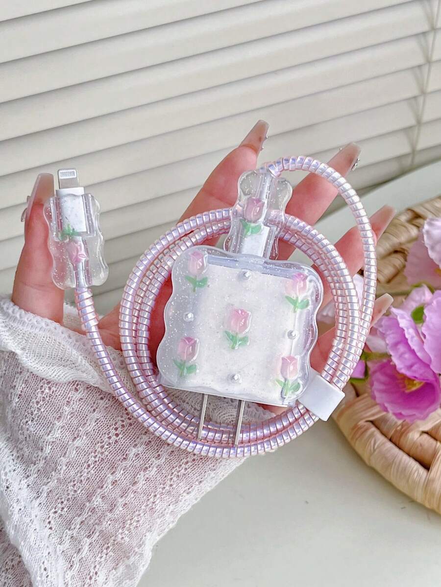 Purple Bow & White Pearl Design Charging Accessory Set