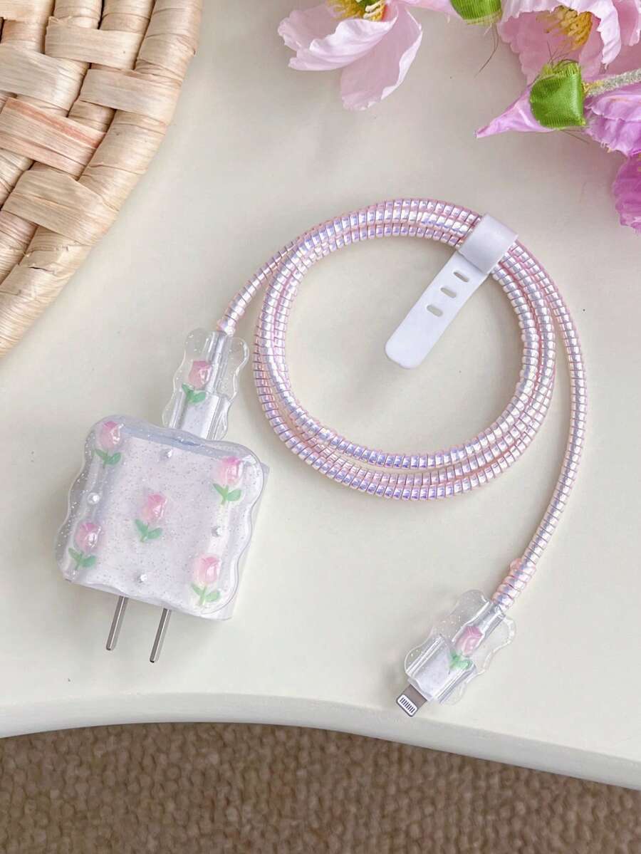 Purple Bow & White Pearl Design Charging Accessory Set
