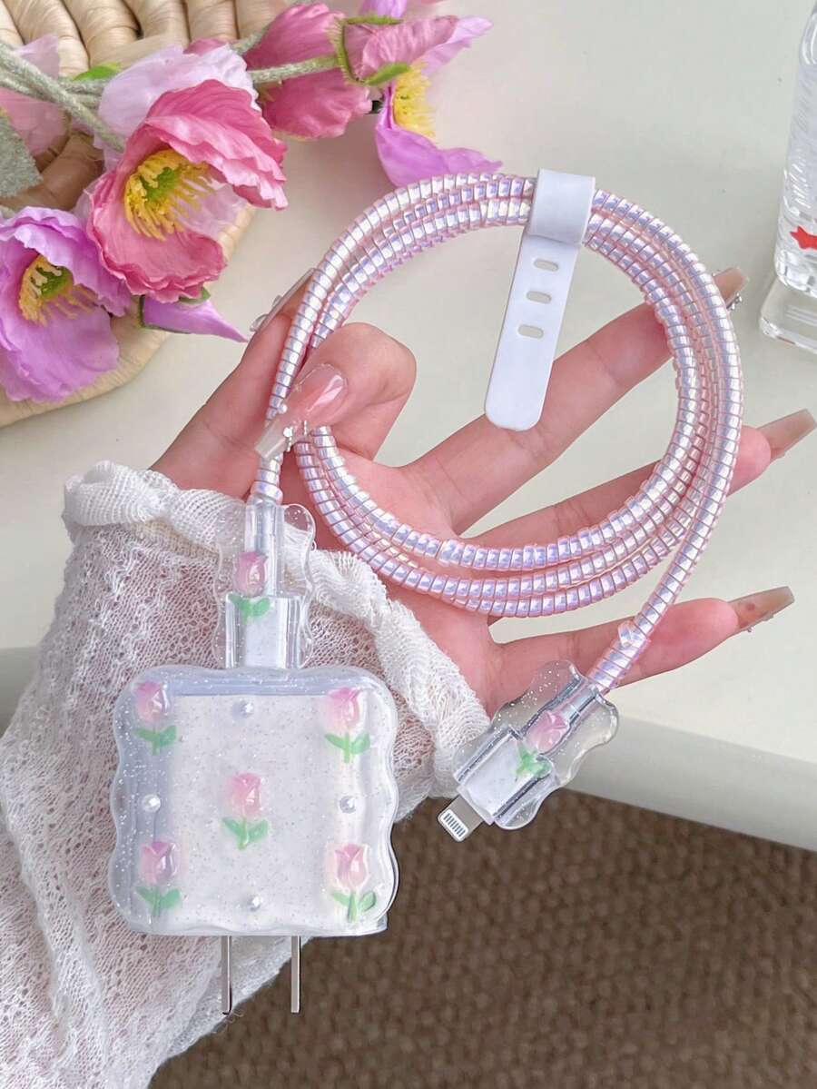 Purple Bow & White Pearl Design Charging Accessory Set