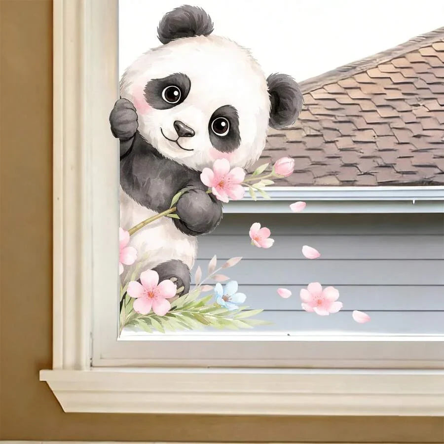 Cartoon Panda Window Decal, Bamboo Floral Glass Sticker