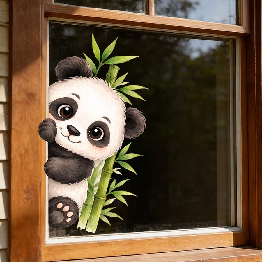Cartoon Panda Window Decal, Bamboo Floral Glass Sticker