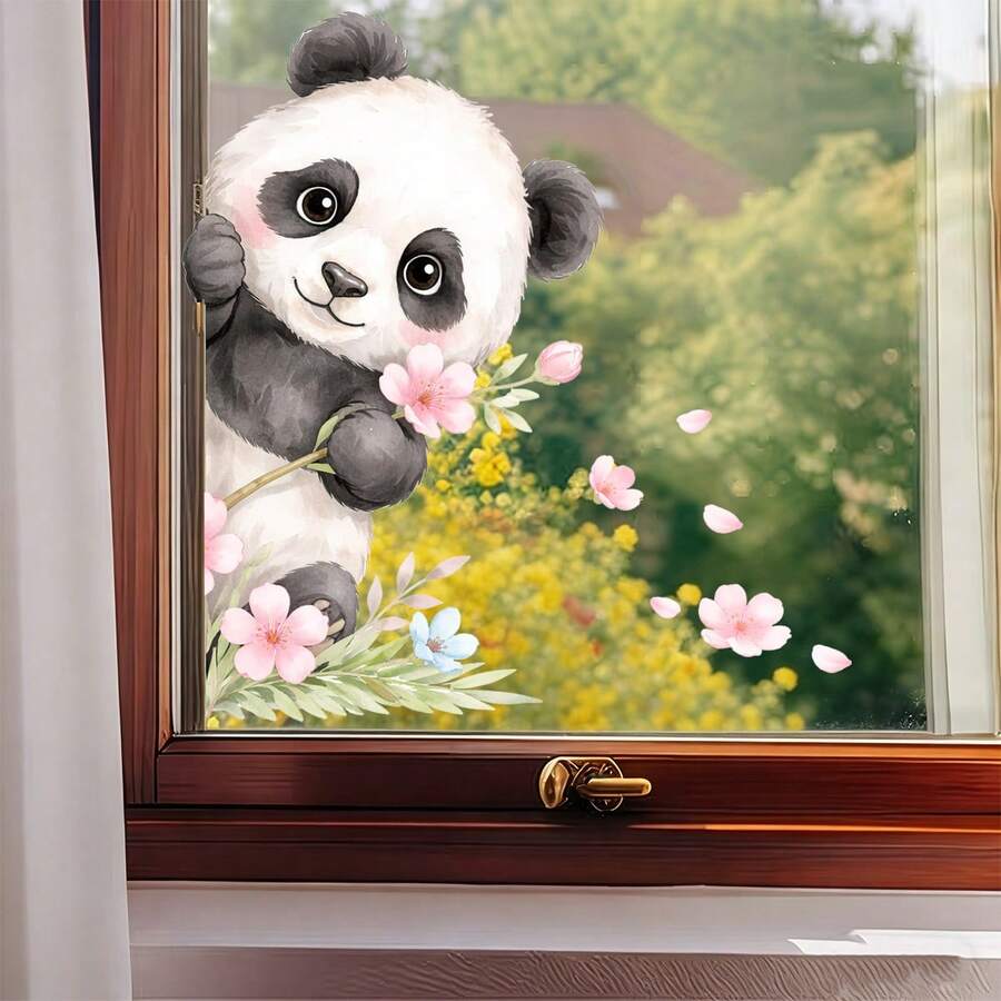 Cartoon Panda Window Decal, Bamboo Floral Glass Sticker