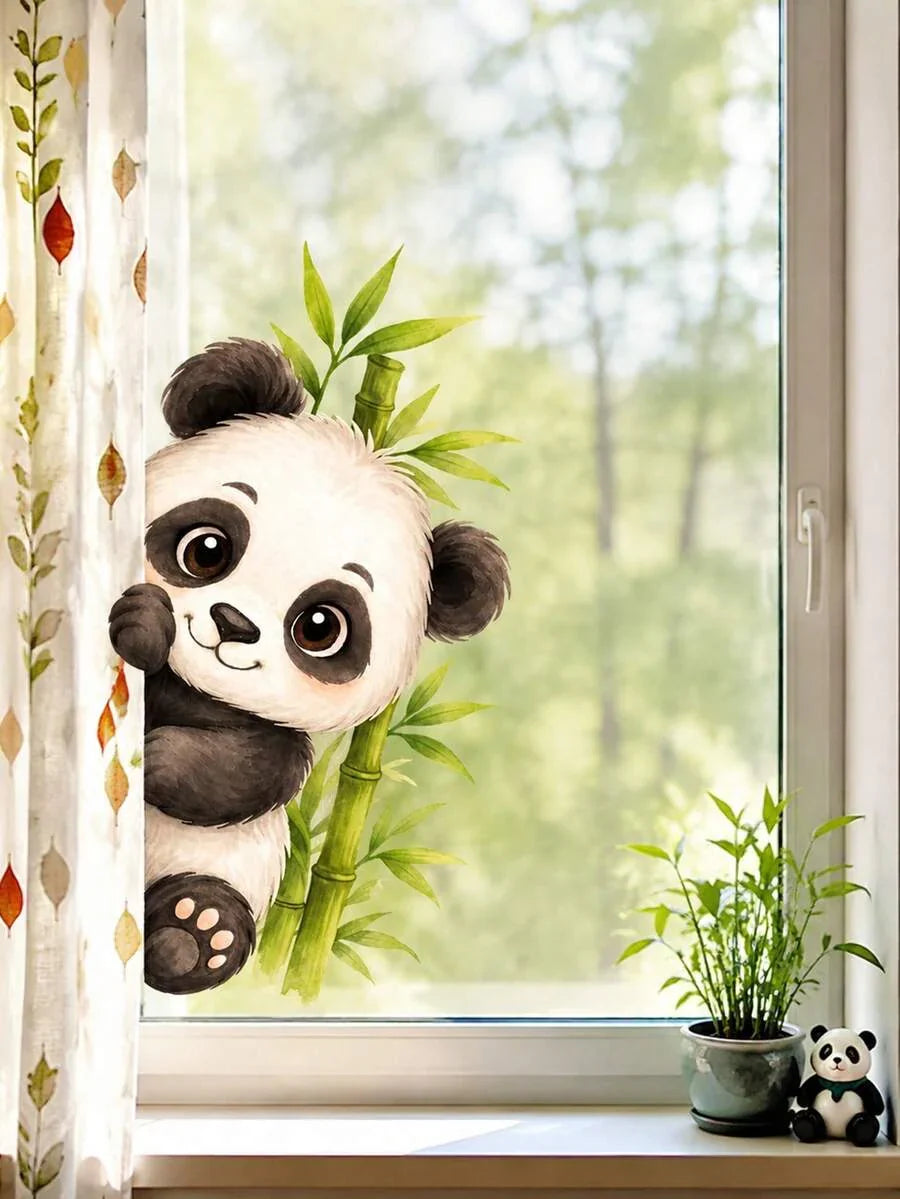 Cartoon Panda Window Decal, Bamboo Floral Glass Sticker