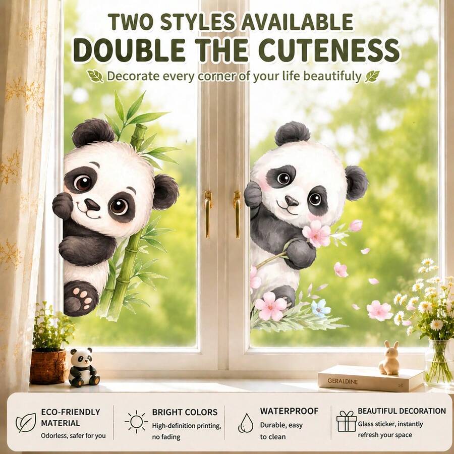 Cartoon Panda Window Decal, Bamboo Floral Glass Sticker