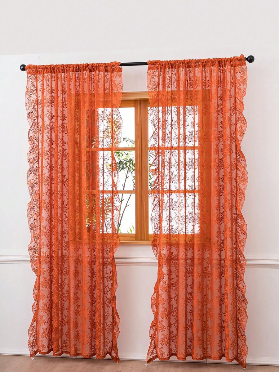 French Countryside Floral Lace Trim Curtain Sheer For Living Room