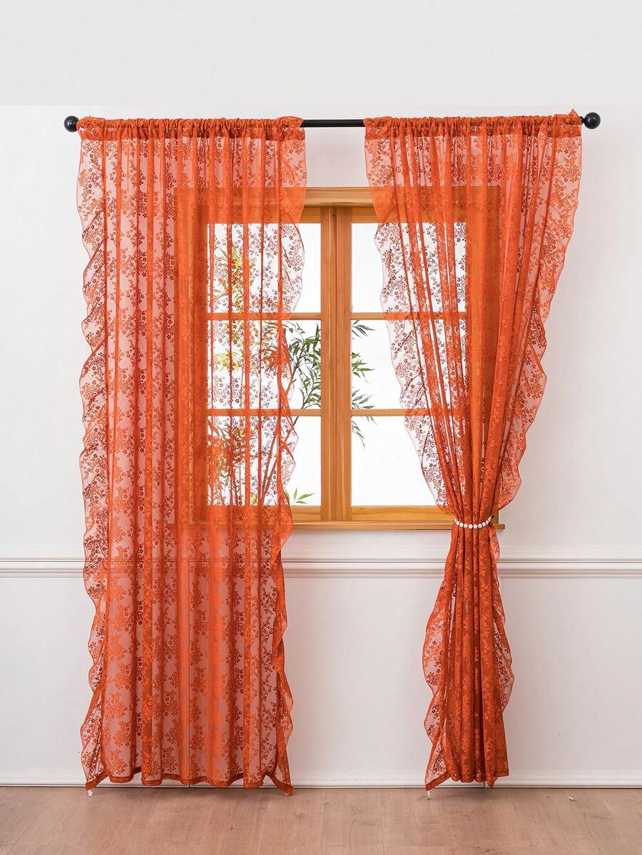 French Countryside Floral Lace Trim Curtain Sheer For Living Room