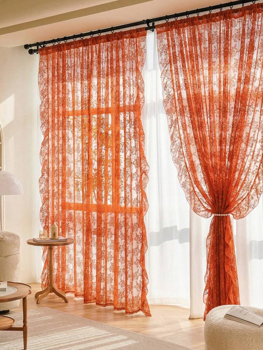 French Countryside Floral Lace Trim Curtain Sheer For Living Room