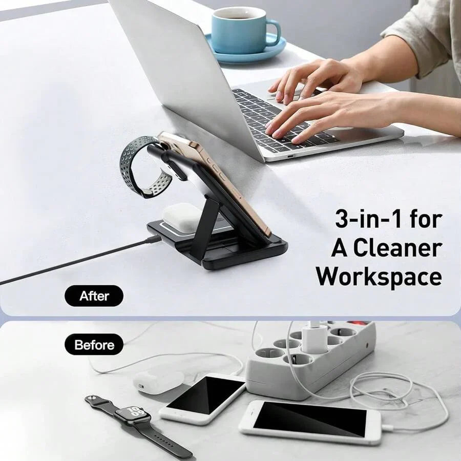 AmSengo 15W Foldable 3-In-1 Fast Wireless Charging Station