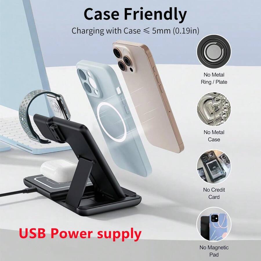 AmSengo 15W Foldable 3-In-1 Fast Wireless Charging Station