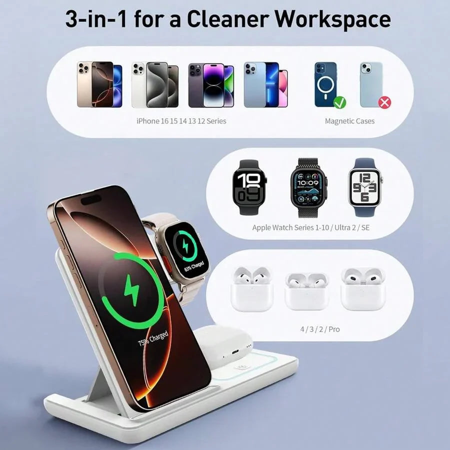 AmSengo 15W Foldable 3-In-1 Fast Wireless Charging Station