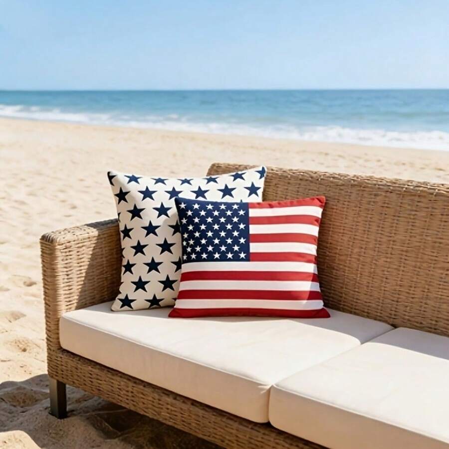 2pcs American Flag Waterproof Throw Pillow Cover Stars