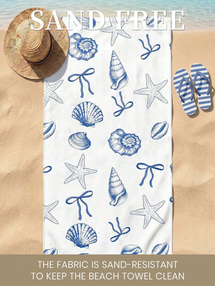 Blue Shell Print Beach Towel, Swimming Towel