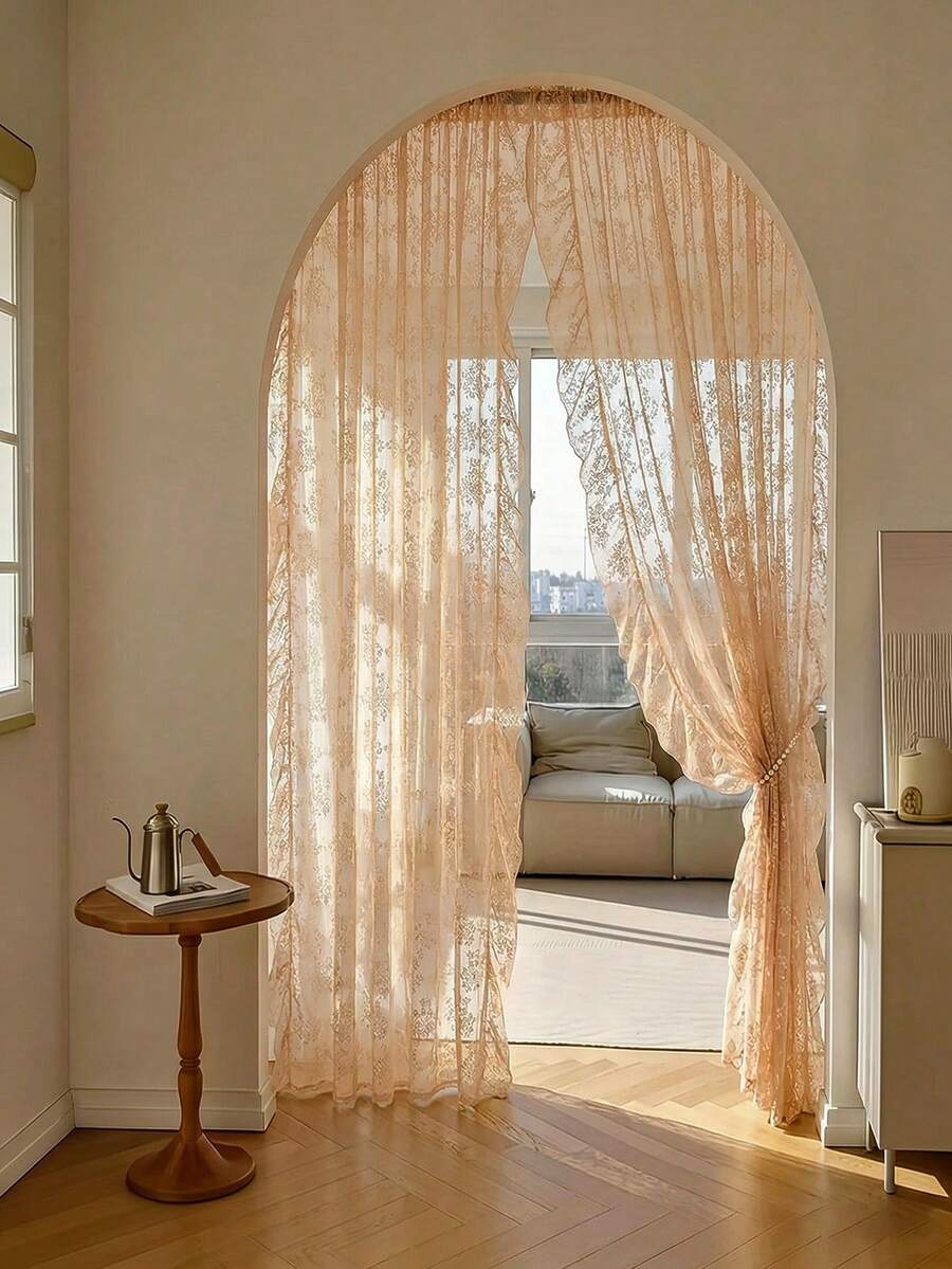 French Countryside Floral Lace Trim Curtain Sheer For Living Room