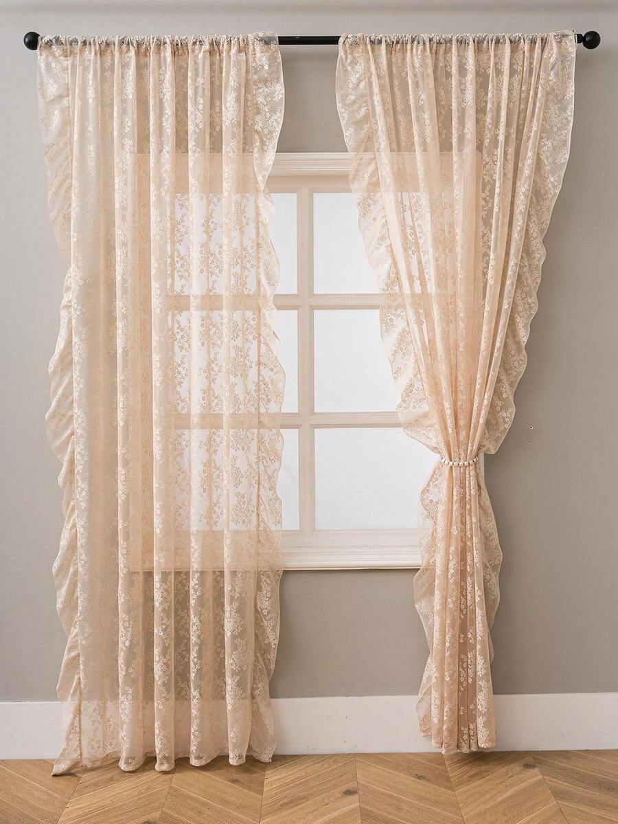 French Countryside Floral Lace Trim Curtain Sheer For Living Room