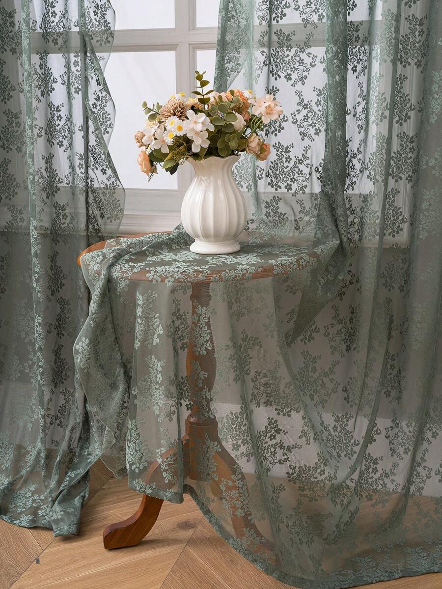 French Countryside Floral Lace Trim Curtain Sheer For Living Room