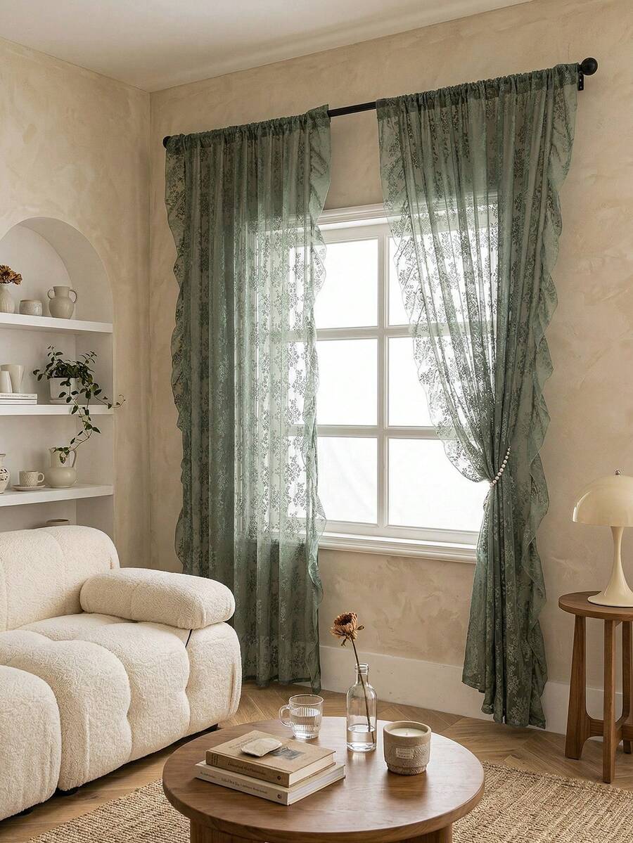 French Countryside Floral Lace Trim Curtain Sheer For Living Room