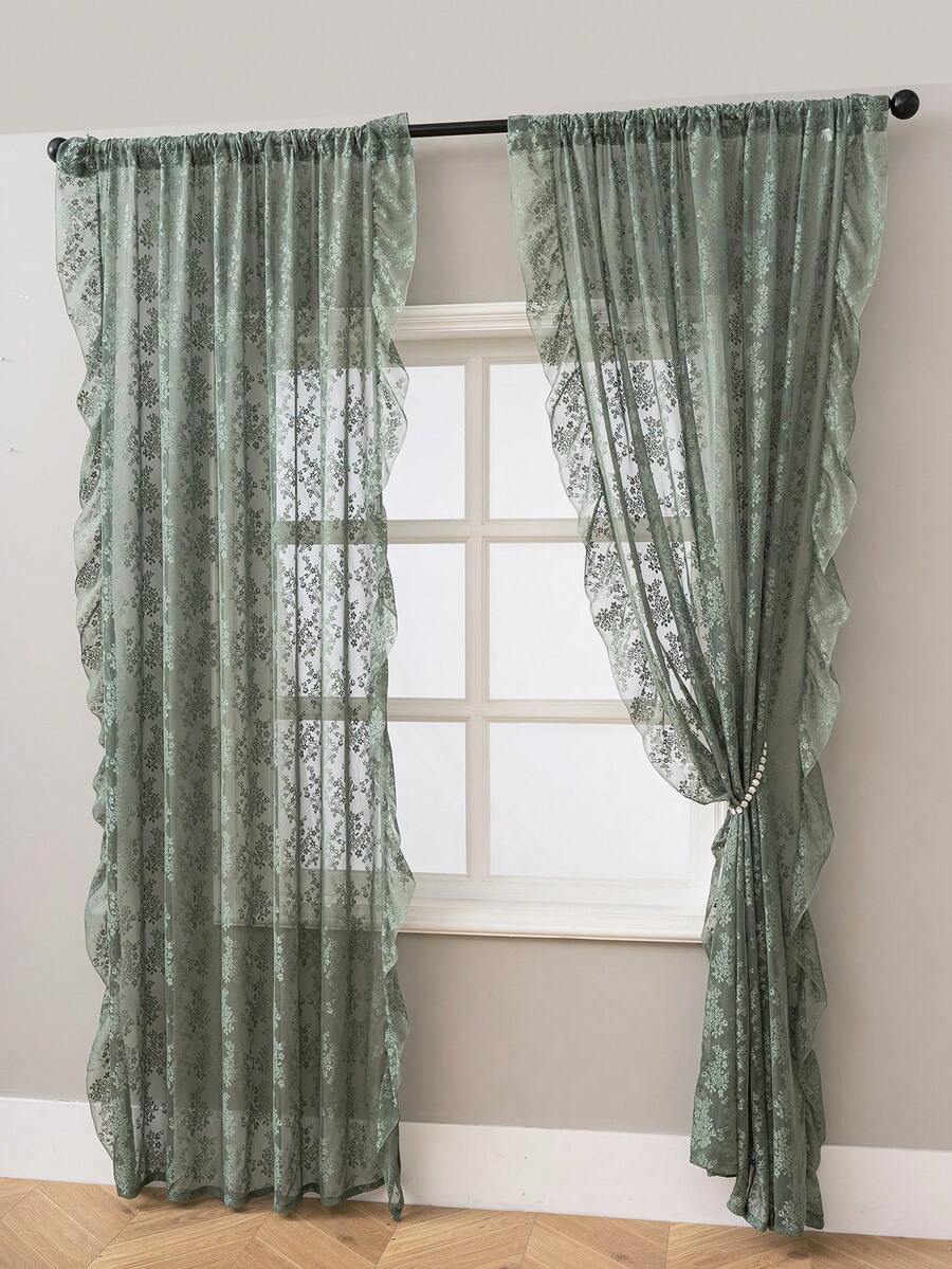 French Countryside Floral Lace Trim Curtain Sheer For Living Room