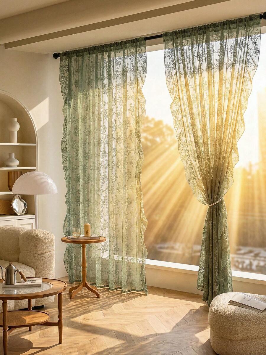 French Countryside Floral Lace Trim Curtain Sheer For Living Room