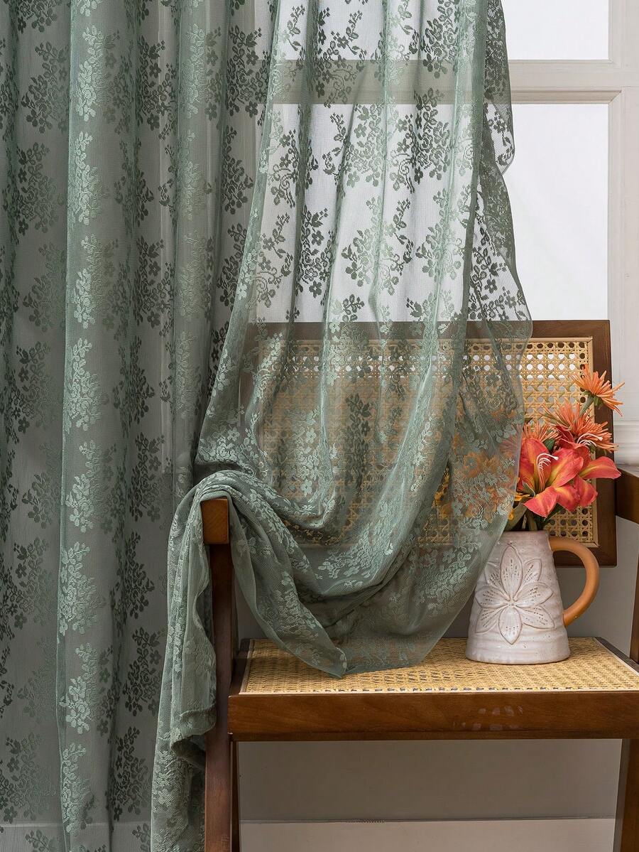 French Countryside Floral Lace Trim Curtain Sheer For Living Room
