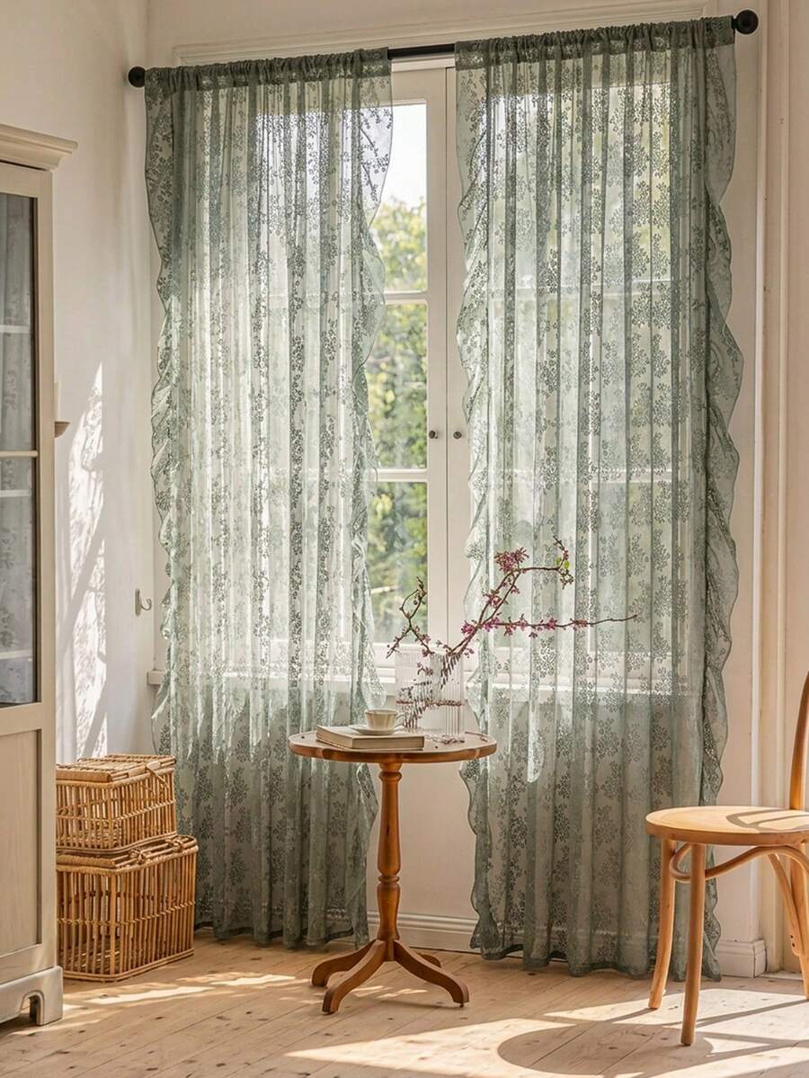 French Countryside Floral Lace Trim Curtain Sheer For Living Room