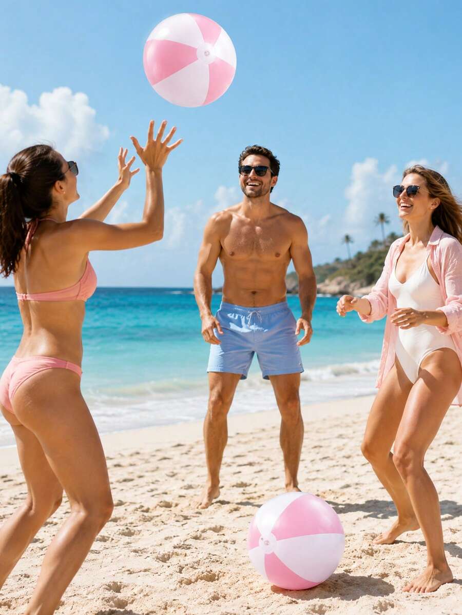 Inflatable Beach Balls (With Pink And White Stripes), Pool Accessories