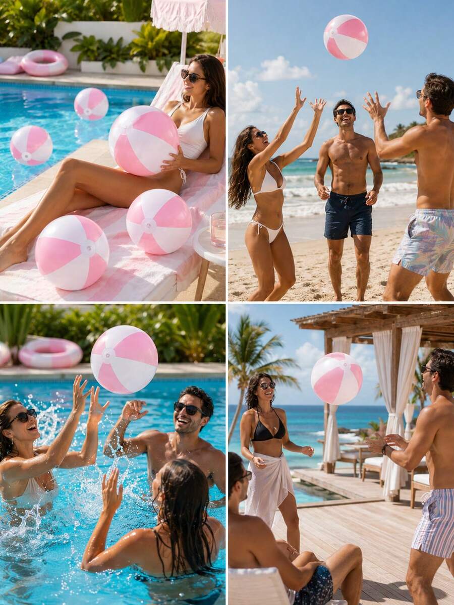 Inflatable Beach Balls (With Pink And White Stripes), Pool Accessories