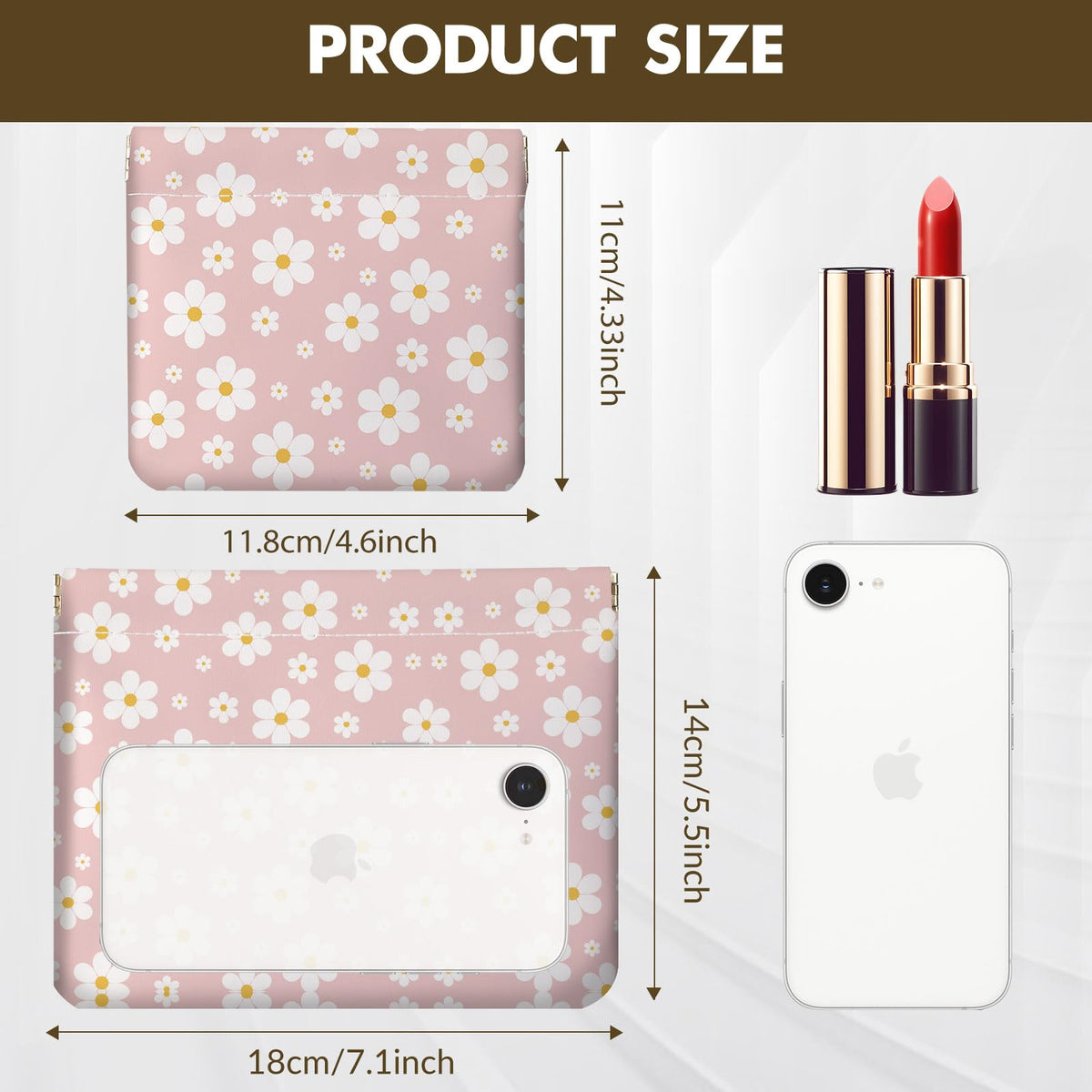2 PCS PU Leather Small Makeup Bag Set for Purse,No Zipper Self-closing Cosmetic Bag, Portable Coin Purse Lipstick Accessories Organizer Travel Toiletry Storage Pouch for Women,pinkish-white flowers