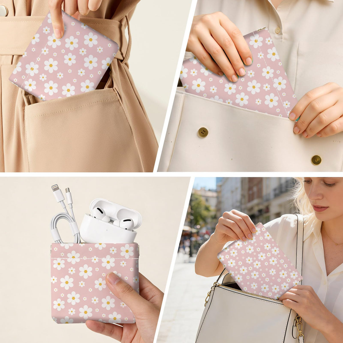 2 PCS PU Leather Small Makeup Bag Set for Purse,No Zipper Self-closing Cosmetic Bag, Portable Coin Purse Lipstick Accessories Organizer Travel Toiletry Storage Pouch for Women,pinkish-white flowers