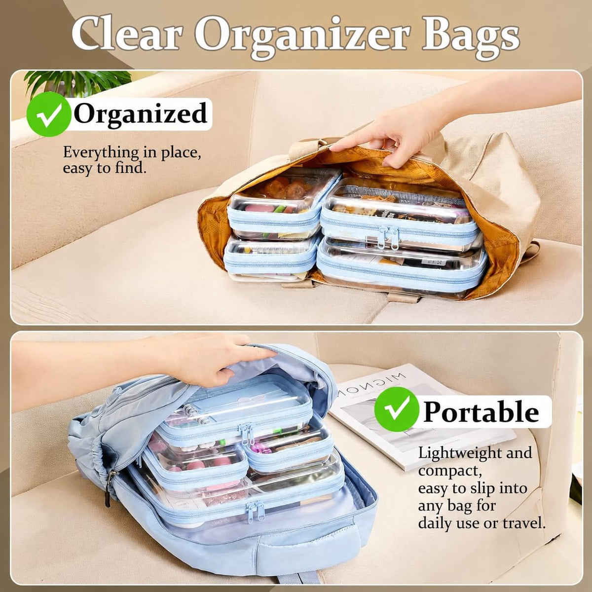 3-PCS Medium Clear Hard Shell Zipper Pouches, Clear Zipper Bags (3M, Pink)