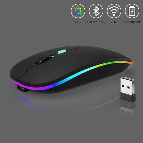 Guiheng Wireless Bluetooth Mouse,LED Dual Mode Rechargeable Silent Slim Laptop Mouse,Portable(BT5.2+USB Receiver) Dual Mode Computer Mice,for Laptop,Desktop Computer,ipad Tablet,Phone,TV (Black) - color: black