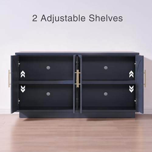 Fatmok 59" Sideboard Buffet Cabinet & TV Stand Set of 2, Modern Arched Credenza with Adjustable Shelves and Long Metal Handles, Wood Console Coffee Bar Storage for Living Room, Blue - color: Aa-blue