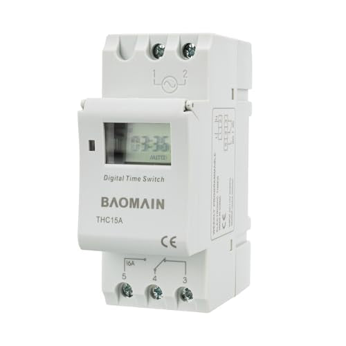 BAOMAIN THC15A AC 110V Digital Programmable Timer Switch,16A Weekly Relay | AC 110V Power Input with 16A Max Switch Capacity,Up To 240VAC,Supports 28 Weekly Settings. Din Rail Mount
