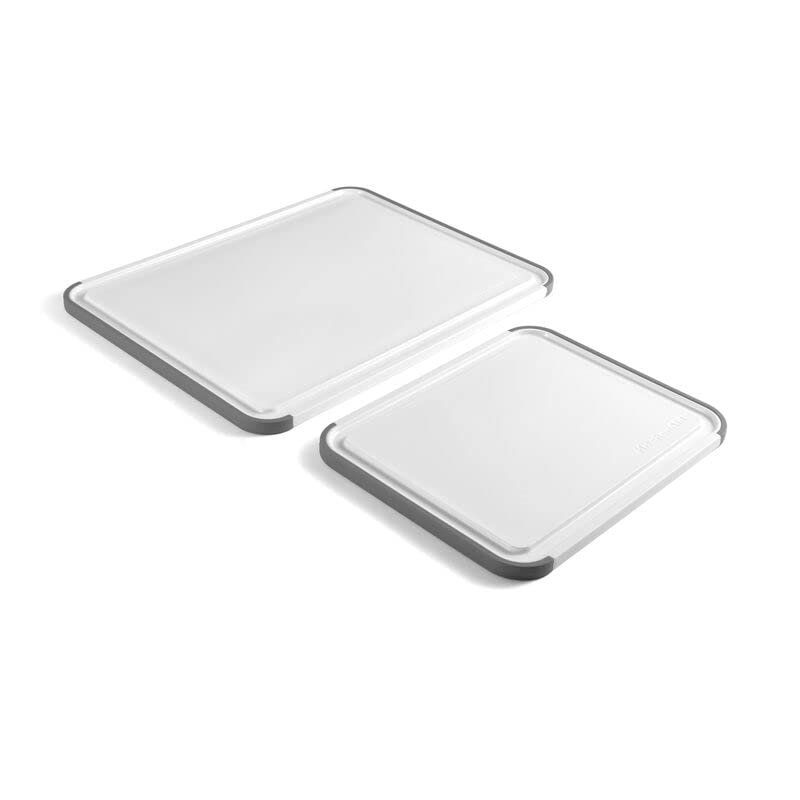 KitchenAid Classic Nonslip 2-Piece Plastic Cutting Board Set with Perimeter Trench and Non Slip Edges, 2-Piece Kitchen Chopping Boards, Dishwasher-Safe, White and Gray