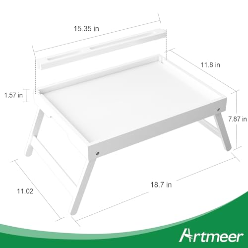 Bed Tray Table with Handles Folding Legs Bamboo Breakfast Food Tray with Media Slot for Platters,Laptop Desk,Snack,TV Tray Kitchen Serving Tray | FSC-certified bamboo bed tray with phone/tablet slot, folding legs, handles and raised edges for meals, lapto