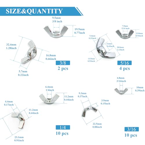26 Pcs 4 Sizes 3/16",1/4",5/16",3/8" Wingnuts, Quality Carbon Steel Wing Nuts Sliver Zinc Plated Fasteners Parts Butterfly Nut, Hand Twist Tighten Hardware Nuts Butterfly Wing-Nut Assorted Kit - size: 4 Sizes (3/16", 1/4", 5/16", 3/8") - 26 Pcs